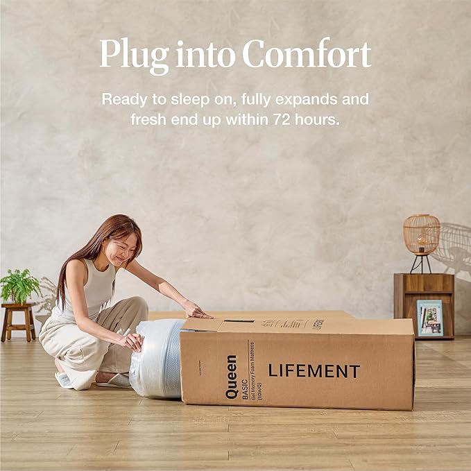 LIFEMENT Basic Queen Graphite Infused Memory Foam Mattress in a Box | Medium Firm Bed, Fiberglass Free, Certified Safe Foam, Cooling Pressure Relief Support, 8 Inch