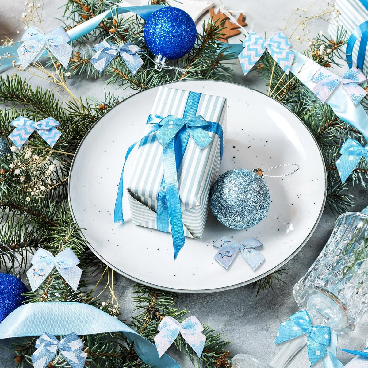 Syhood 150 Pcs Christmas Mini Bow Tiny Twist Tie Bow Handmade Craft Ribbon for DIY Sewing Party Decor(Blue and White,Snowy)