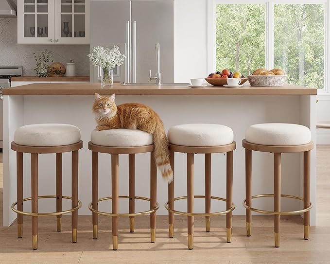 26’’ Rustic Backless Bar Stools with Metal Gold Footrest Counter Height Barstools Set of 4 Modern Round Farmhouse Beige Linen Upholstered Wooden Stools with Natural Solid Wood Legs for Kitchen Island