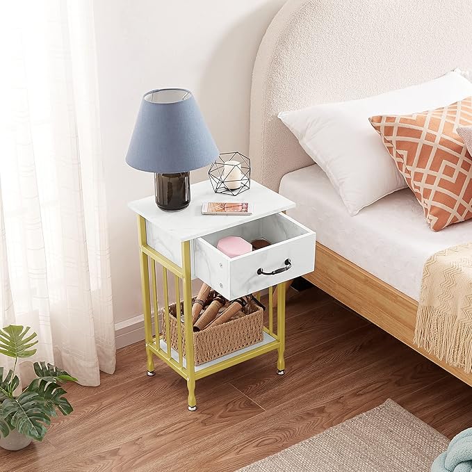 VECELO Nightstands, Industrial Side Table/End Tables with Drawer and Storage Shelf, Night Stands for Bedroom, Living Room, Wood Metal Furniture, Easy Assembly