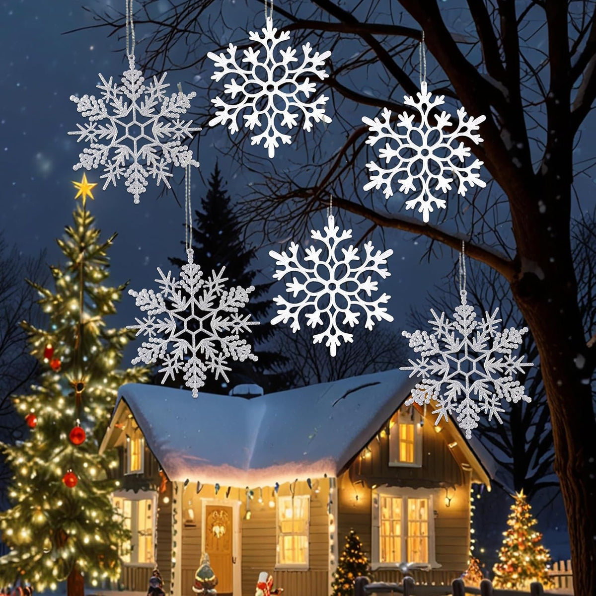 6pcs Large White Silver Snowflakes Ornaments Big Plastic Glitter Snowflake for Winter Indoor Outdoor Christmas Tree Window Room Decorations Giant Craft Snowflakes, 12/11.5 Inch