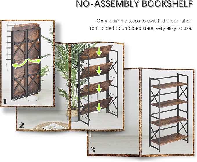 4NM 4 Tiers No Assembly Book Shelves, 41.3" H Folding Bookshelf Bookcase Open Industrial Foldable Shelves for Bedroom, Living Room, Home Office - Rustic Brown Black