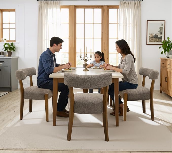 Modern Dining Chairs Set of 2, Walnut Upholstered Kitchen & Dining Room Chairs, Mid Century Wooden Dining Chairs Oversized Sturdy Fabric Rounded Chairs Curved Back, Tan Brown