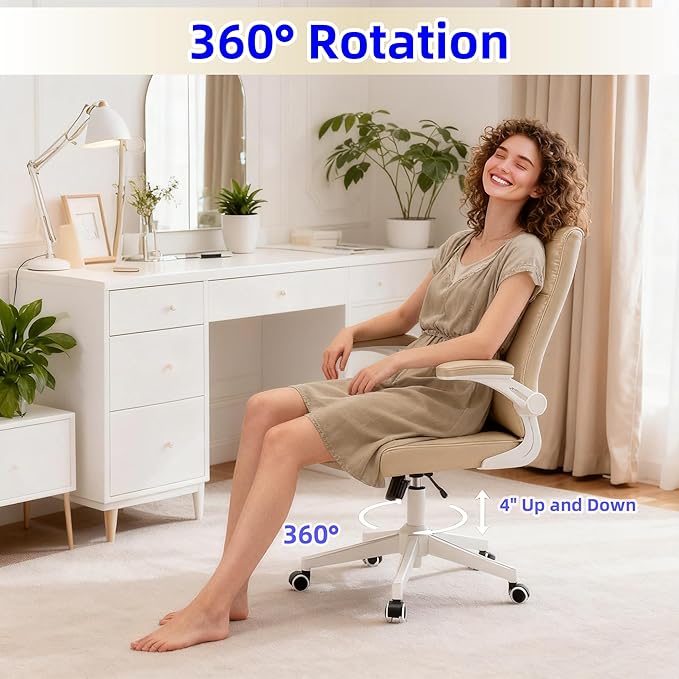 Ergonomic Home Office Desk Chair with Space Saving Flip-Up Arms, 360° Swivel & Reclining Back, High-Back Executive Chair in Soft Faux Leather Chair Multi-Angle from 90° to 135°