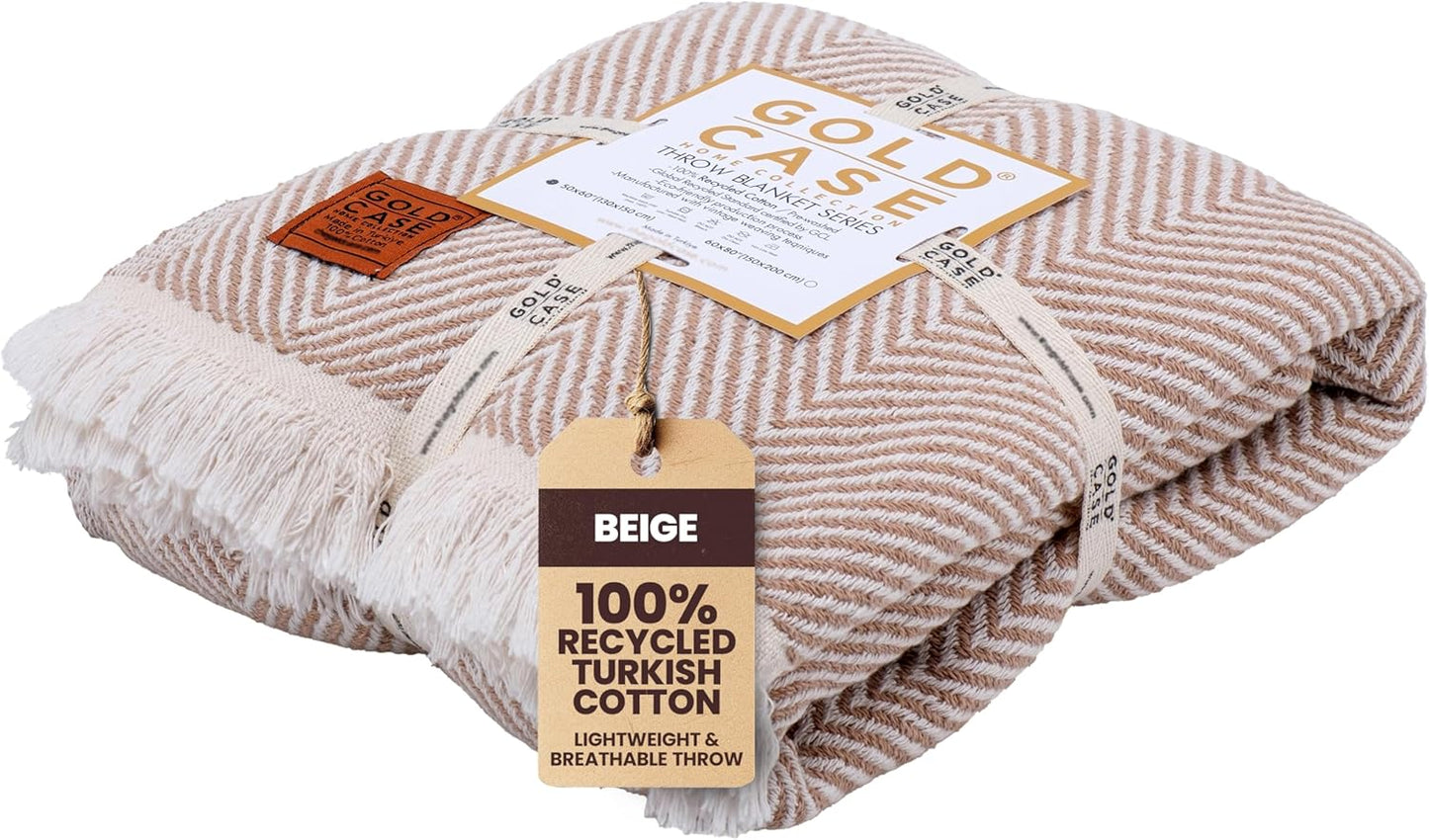 Gold Case Throw Blanket for Couch – 100% Recycled Turkish Cotton Blankets & Throws – Elegant Decorative Throw Blankets for Living Room Sofa – Woven Throws for Couch – Elegant Beige – 50x60