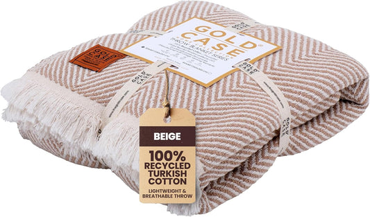 Gold Case Throw Blanket for Couch – 100% Recycled Turkish Cotton Blankets & Throws – Elegant Decorative Throw Blankets for Living Room Sofa – Woven Throws for Couch – Elegant Beige – 50x60