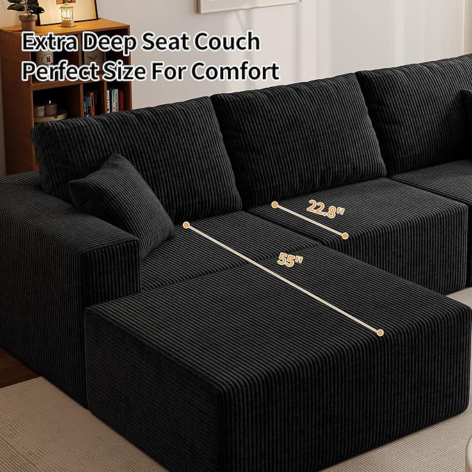 110" Boneless Cloud Sectional Couch for Living Room, Compressed Modular L-Shaped Sofa with Deep Seat, Frameless Corduroy Couch in Boxes, No Assembly Required 3-Seater (Right-Facing Chaise, Black)