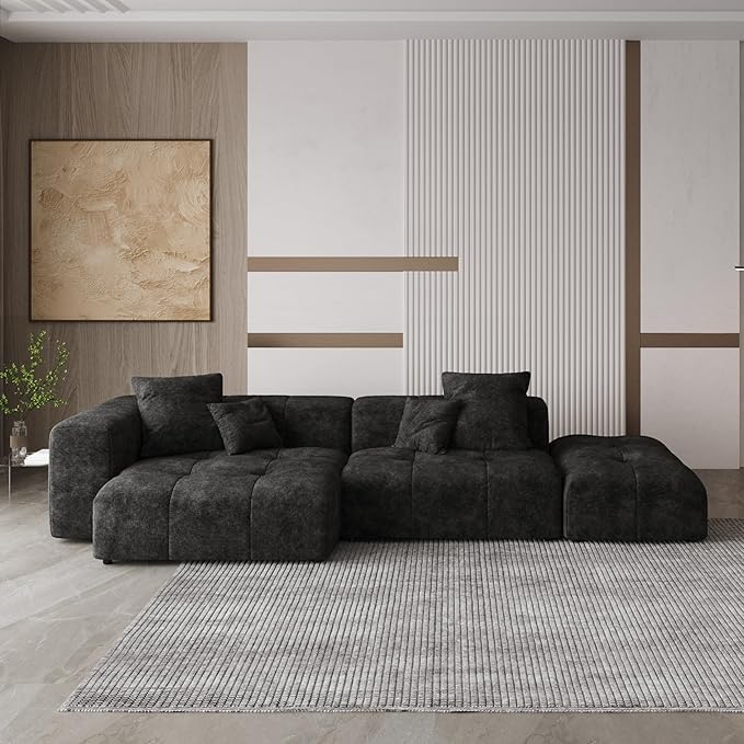WJShome 119" L Shaped Sectional Couch,Modern Modular Sofa with Ottoman,Linen Deep Loveseat with Pillows Couches for Living Room, Bedroom and Apartment,Black