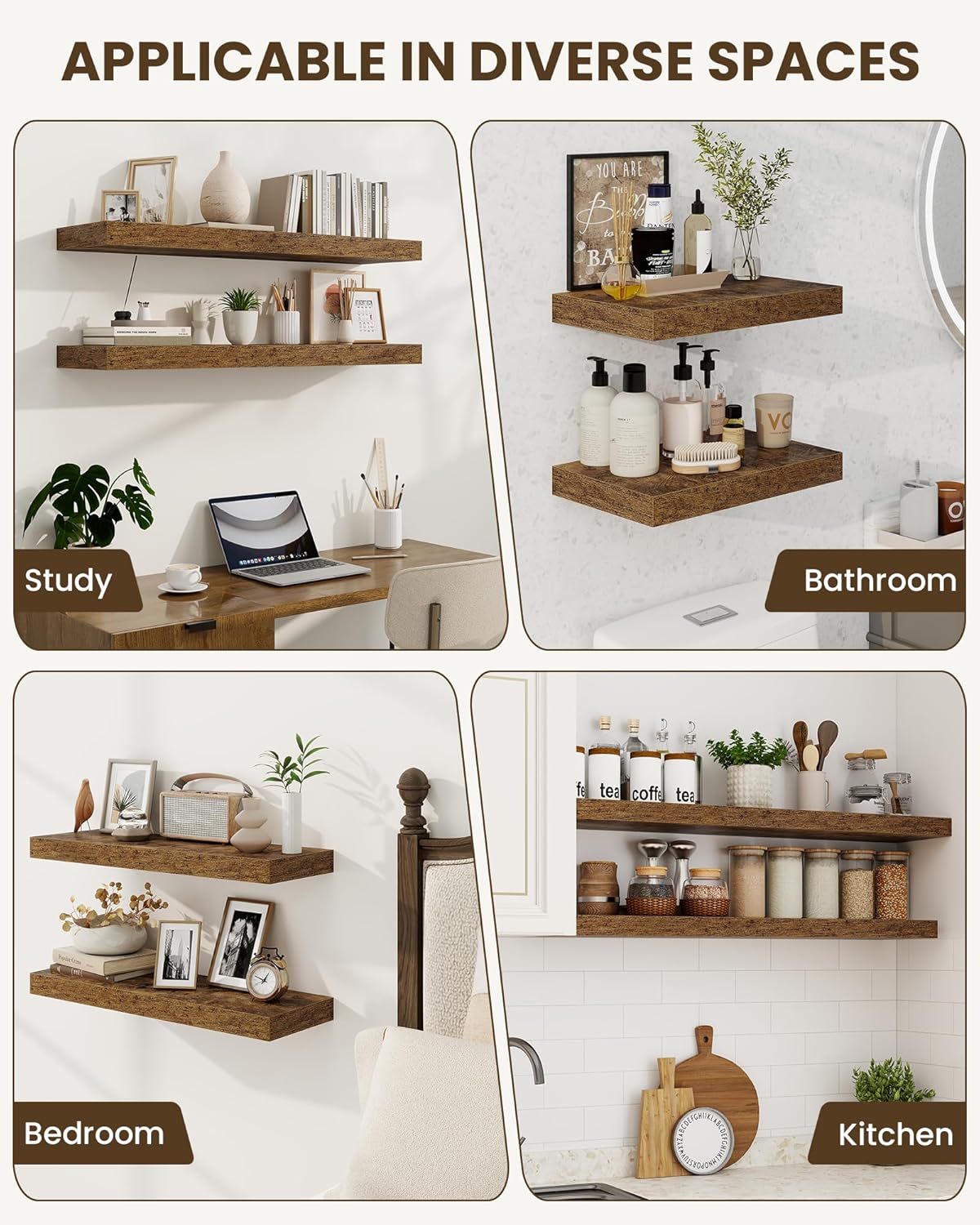Marsmiles 6.7" Floating Shelves for Wall, Wooden Shelves with Invisible Brackets Set of 2, Rustic Farmhouse Wall Mounted Shelf for Kitchen Bathroom Living Room Study, Rustic Brown