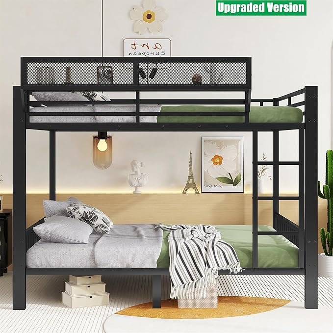 Stronger & Higher Quality Heavy Duty Steel Bunk Bed Queen Over Queen Size Bunkbed, Thickened Safer More Stable Metal Queen Bunk Bed Frame (Faster Assembly)