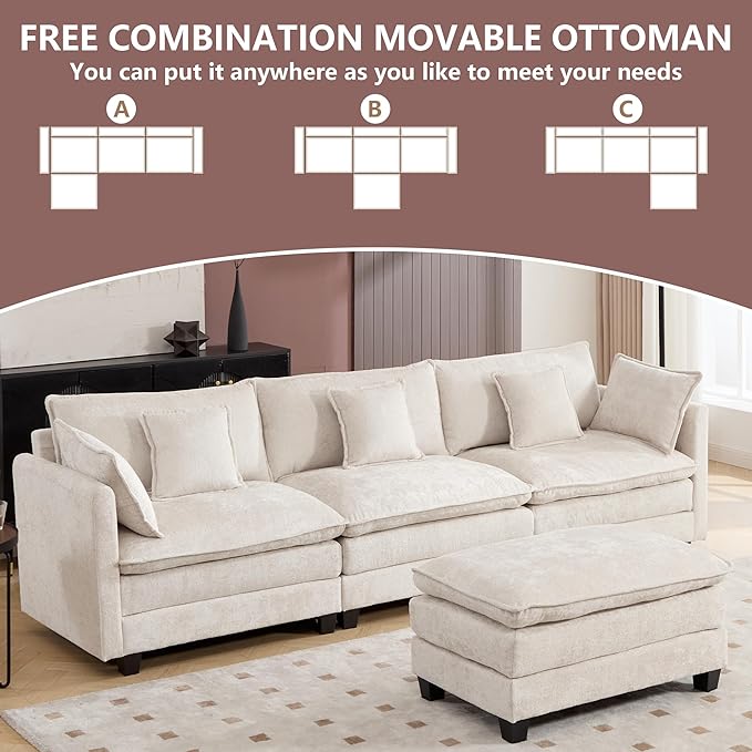Plush Modular Cloud Sofa Set with Ottoman | L/U-Shaped Deep Seating Chenille Sectional for Family Living Room