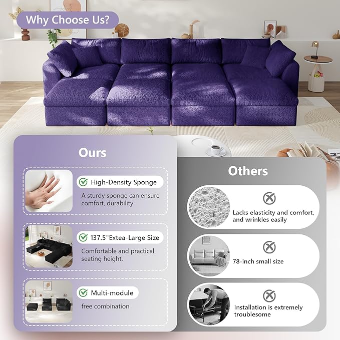 138" Boneless Cloud Couch Modular Sectional Sofa with Deep Seat for Living Room, L Shape Couch with Ottoman, Snowflake Cloth and 40D Memory Sponge，2 Throw Pillows (Purple, 4 Seater+4 Ottoman)