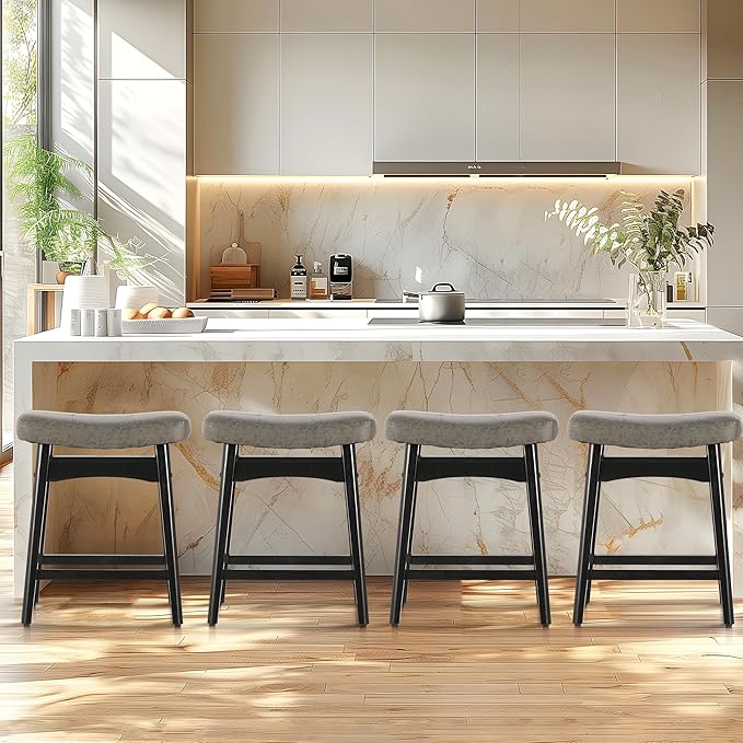 ALPHA HOME Bar Stools Set of 3, Solid Wood Saddle Kitchen Stools with Grey PU Leather Cushion Counter Height Barstools with Wooden Base for Kitchen Dining Cafe, 24 Inch, Grey, 3PCS