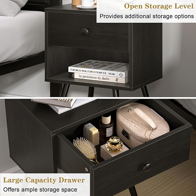 VECELO Nightstands Set of 2, Mid Century Modern End Bedside Table, Night Stand with Storage Drawer and 2 Tiers Open Shelf for Small Place, Bedroom, Living Room, Easy Assembly, Black