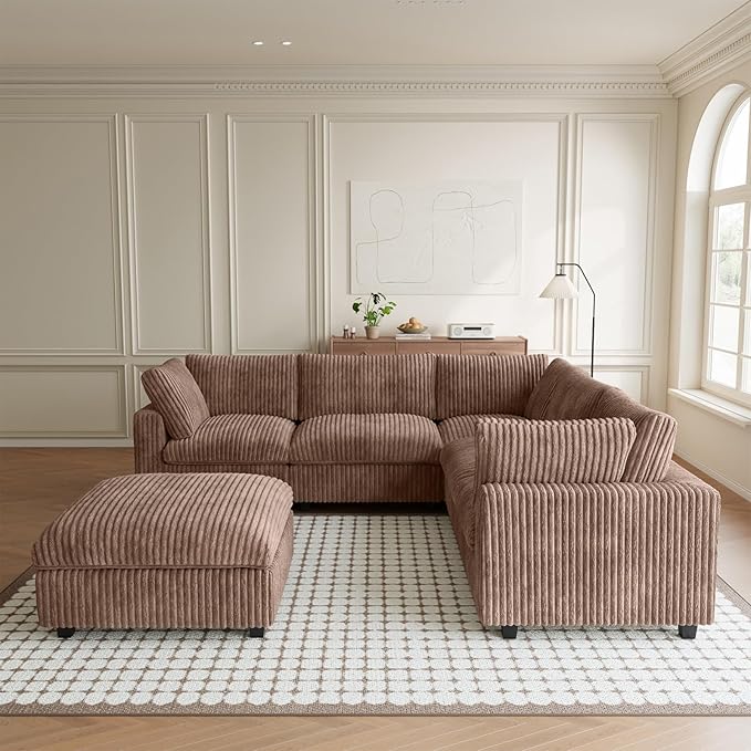 Modular Sectional Couch, Convertible L Shaped Sofa for Living Room, Deep Seat Cloud Sectional Couch, 5 Seat Comfy Modular Sofa, Cushion Covers Removable, Brown