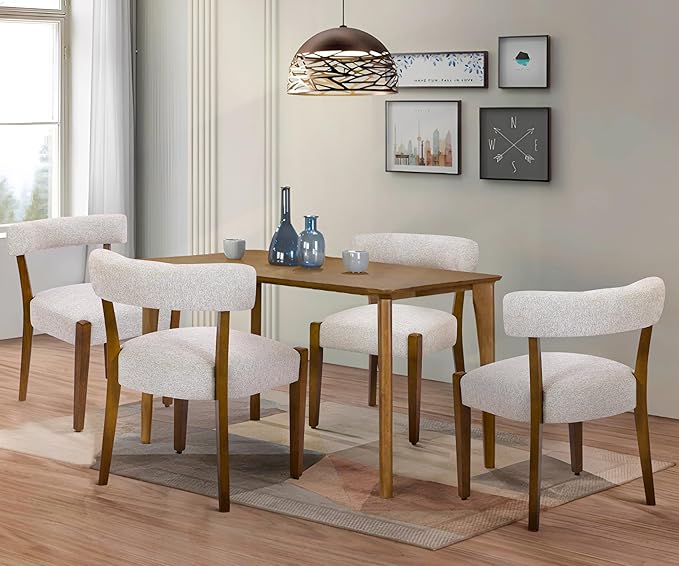 Modern Dining Chairs Set of 2, Walnut Upholstered Kitchen & Dining Room Chairs, Mid Century Modern Wooden Dining Chairs Oversized Sturdy Rounded Chairs Curved Back, Beige Fabric