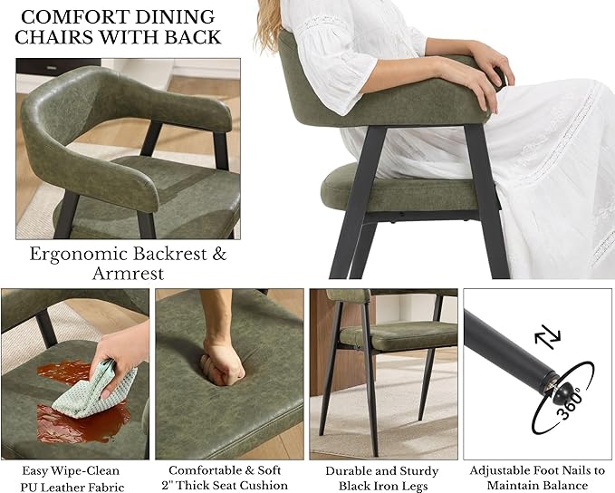 HNY Modern Dining Room Arm Chairs Set of 6, Green Retro Faux Leather Upholstered Barrel Dining Chairs with Arms Mid-Century Accent Chair with Metal Legs, Open-Back Kitchen Side Chairs for Living Room
