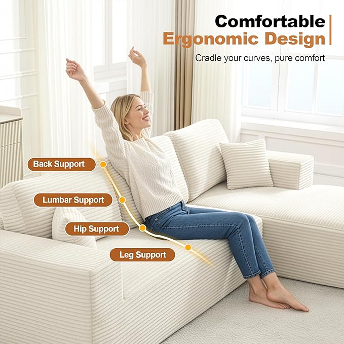 Modular Sectional Cloud Couch for Living Room,Modern Boneless Couche Set with Plush Corduroy,Comfy Floor Sofa with Memory Foam,Stupendous U Shaped Sofa with Chaise,No Assembly Required,Beige