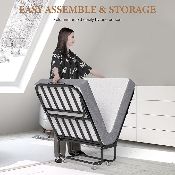 Folding Bed with Memory Foam Mattress, Portable Rollaway Guest Beds on Wheels, 75"x31" Twin Size Space-Saving Cot-Size Bed for Adults with Easy Assembly Metal Frame (White)