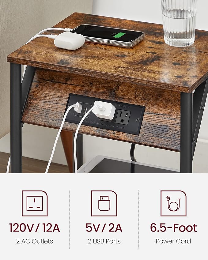 VASAGLE End Table with Charging Station, Small Side Table for Living Room, Bedroom, Nightstand with Outlets and USB Ports, Bedside Table with Storage Shelf, Rustic Brown and Black