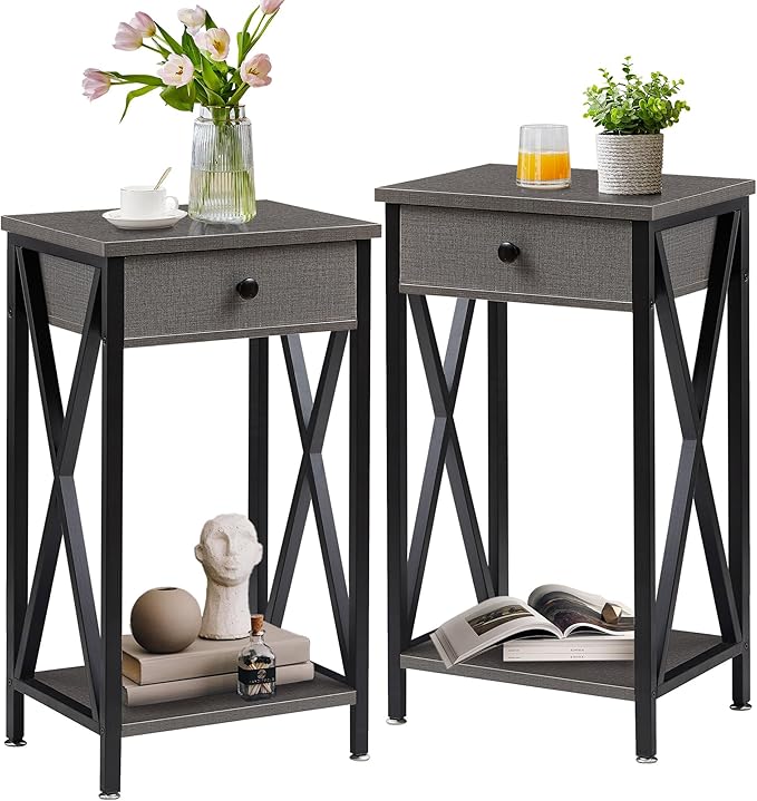VECELO Tall Nightstand,27.6 inch Wooden End Table with Metal X-Frame,Side Table with Drawer and Storage Shelf for Living Room Bedroom Entryway Small Spaces