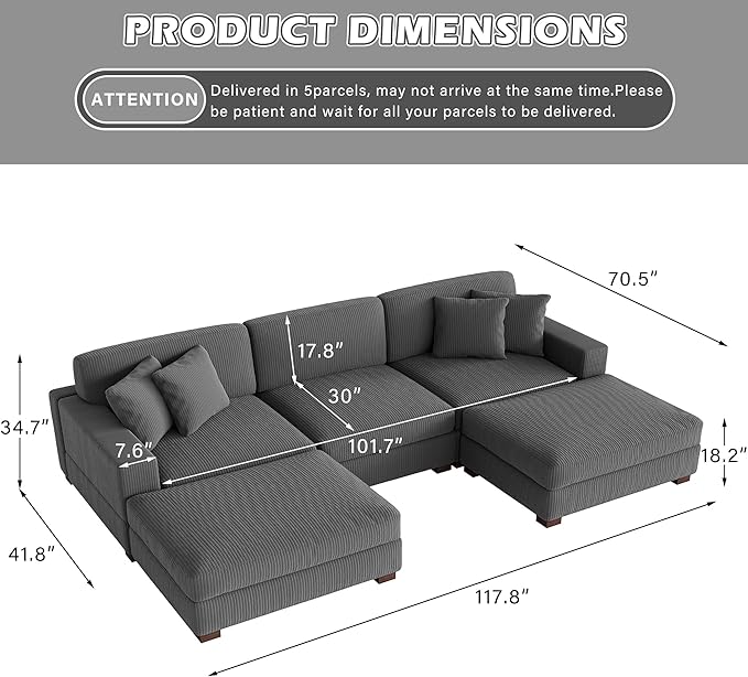 Modular Sectional Couches for Living Room, 118" Modern Upholstered Sofa Couche with Ottoman for Living Room Bedroom, Grey