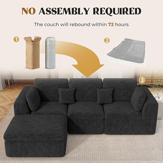 144" Cloud Sectional Couches for Living Room, Convertible U-Shape Couch with Ottoman, 6 Seater Modular Sectional Sofa,Black Chenille
