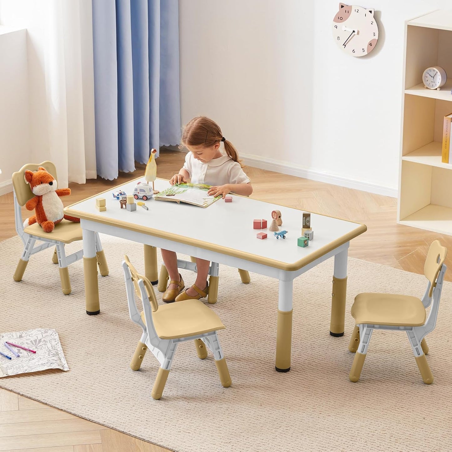 Kids Study Table and Chairs Set, Height Adjustable Toddler Table and Chair Set for Kids Ages 3-8, Graffiti Desktop (Light Brown)