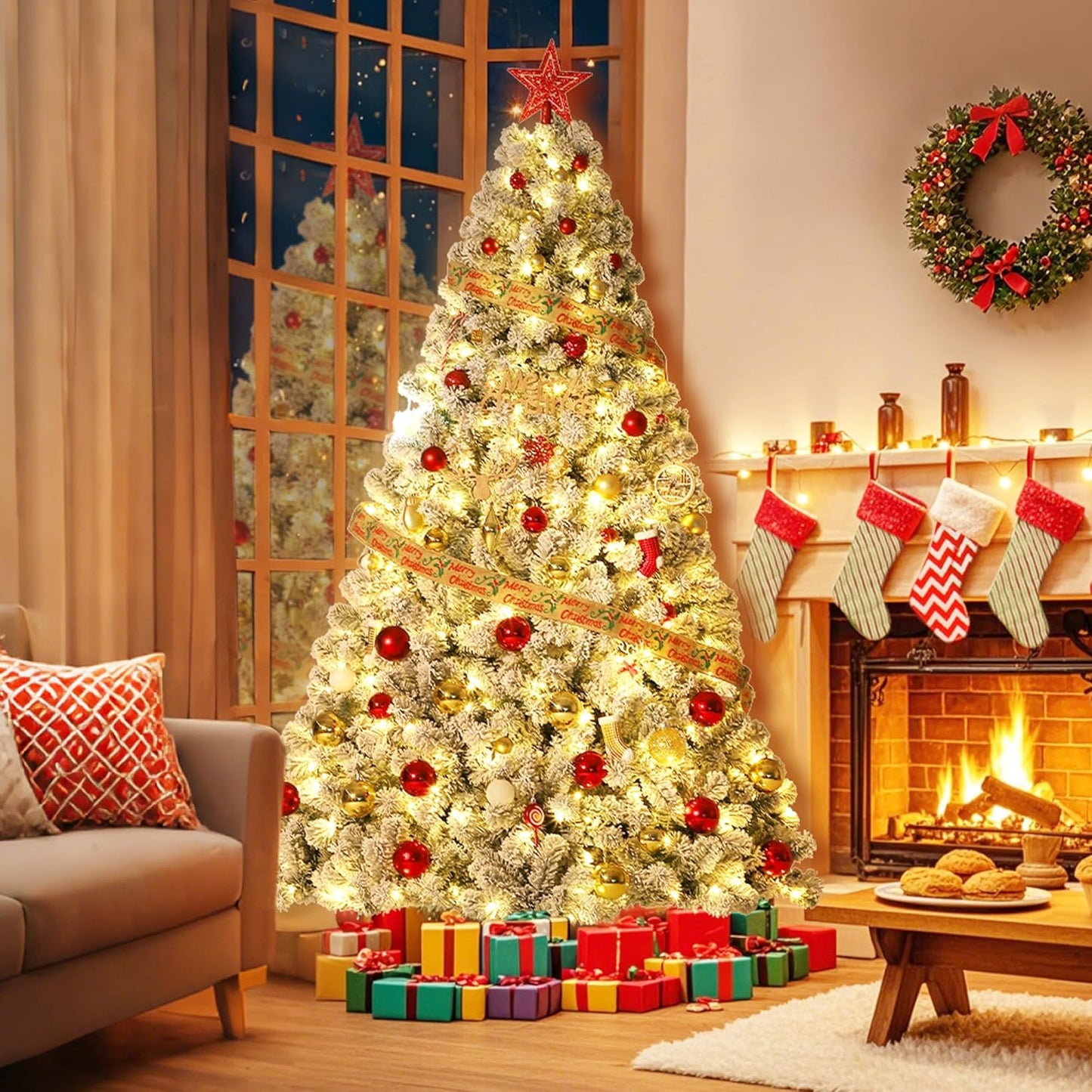GarveeHome 9ft Prelit Artificial Christmas Tree with Warm White Lights, Snow Flocked Full Xmas Tree with 1800 Branch Tips, 900 LED Lights & Foldable Stand, Green & White Christmas Decorations