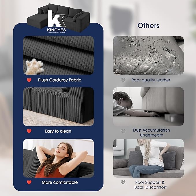 KINGYES 107'' Modular Sectional Sofa, L Shaped Cloud Couch for Living Room, Modern Boneless Sofa with Chaise for Bedroom, Gray