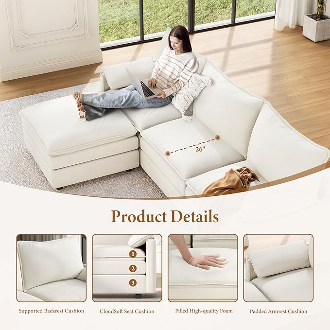 Vesgantti 101" V-Shaped Corner Couch Sectional, 7 Seat Customizable Modular Cloud Couches with Movable Ottoman, Chenille Deep Seat Sofa Set with Chaise for Living Room, Bedroom and Apartment, White