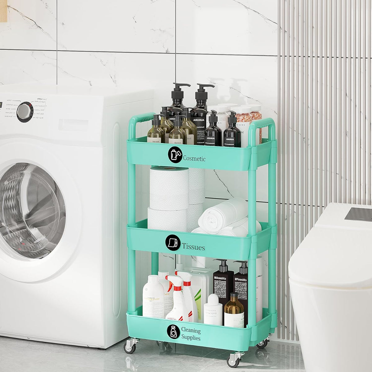 Laiensia 3-Tier Rolling Cart with Wheels,Multifunction Utility Storage carts, Kitchen Storage Organizer,Mobile Shelving Unit for Bathroom,Laundry,with Classified Stickers,Green