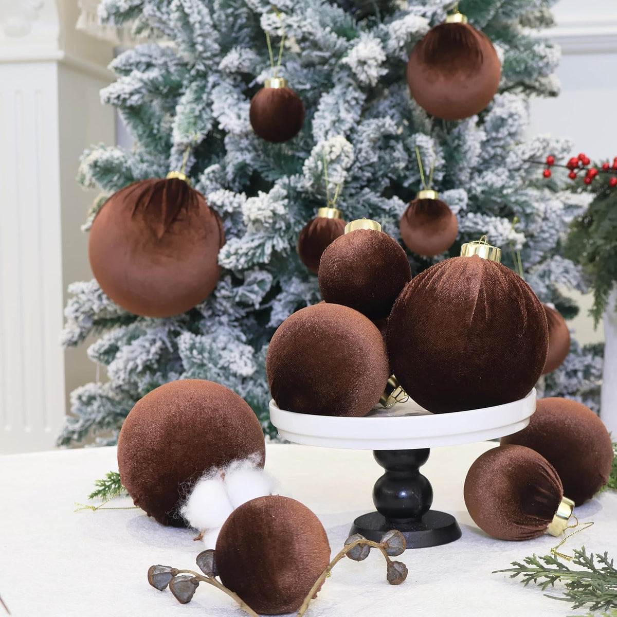 6inch Big Brown Velvet Christmas Ornaments, 2pcs Flocked Ornaments Balls Sets for Christmas Tree Decorations