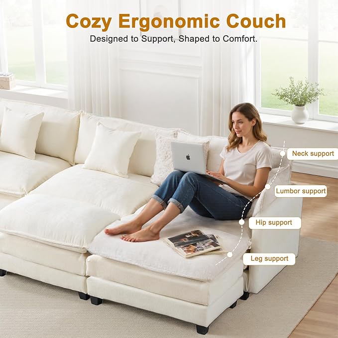 Expandable Modular Sectional Sofa with Ottoman, 111.4" Cloud Chenille U-Shape Couch, Reversible Chaise & 2nd Ottoman for Large Spaces, Deep Seat, Solid Wood Frame