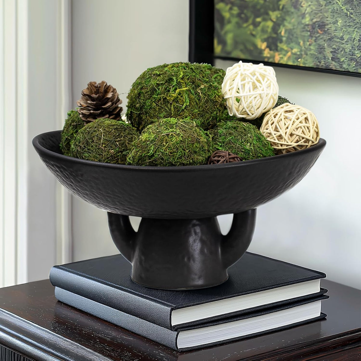 NAHARO Elegant Black Ceramic Bowl with Moss Ball Set-10 Decorative Bowl with 16pc Decorative Balls for Farmhouse Table Centerpiece, Living Room or Home Decor