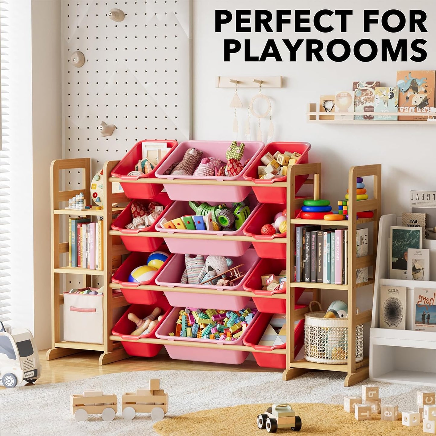 SpaceAid Toy Storage Organizer with 6 Shelves and 12 Bins, Toy Organizers Storage Bookshelf, Kids Bin Shelf Toys Box Bookcase for Bedroom Playroom Organization Room Decor, Red and Pink