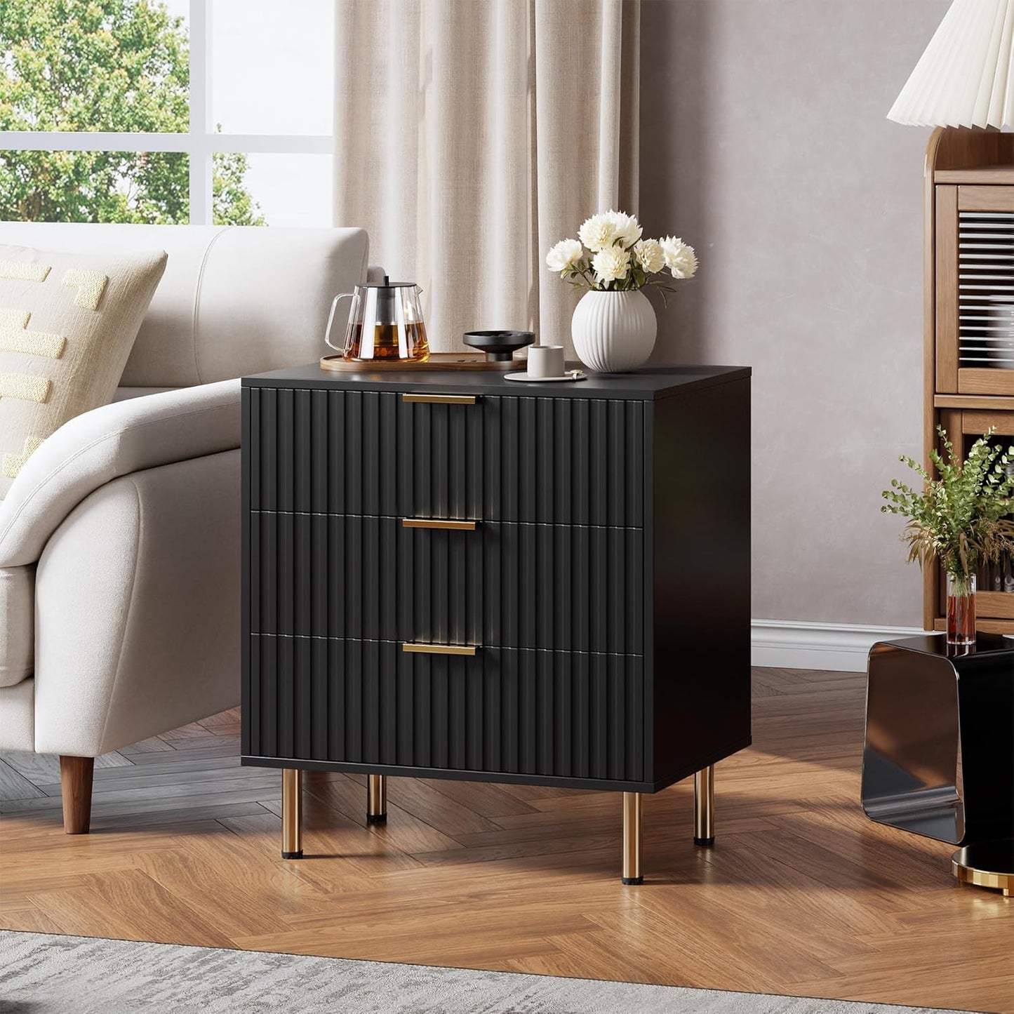 3 Drawer Dresser for Bedroom, Fluted Modern Nightstand with Deep Drawers, Chest of Drawers with Wide Top, Wooden Dresser Organizer, Side Table for Living Room, Hallway, Kids Room, Black