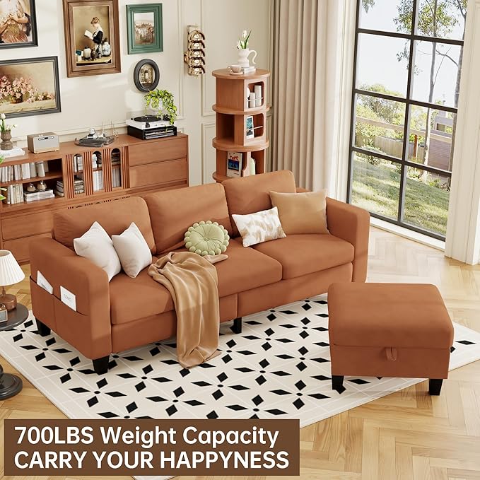 ZeeFu Sectional and Sofa Couches for Living Room - 78'' 3 Seater L-Shaped Modular Couch with Storage Ottoman - Modern Velevt Fabric Upholstered Sofa Set for Small Space Apartment Office