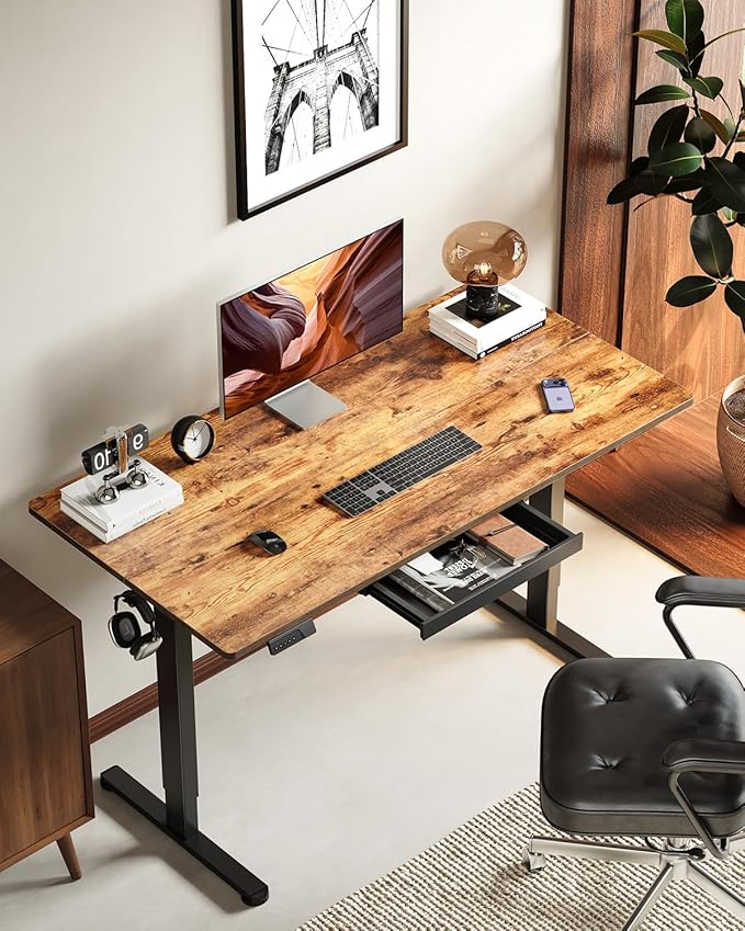 FEZIBO Electric Standing Desk with Drawers, 48 x 24 Inch Height Adjustable Desk with 3 Memory Presets, Sit Stand Up Desks for Home Office, Rustic Brown