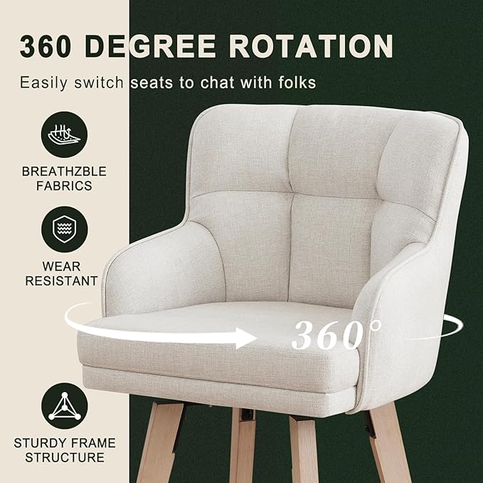 360°Swivel Counter Height Bar Stools with Back, 30 inch Solid Wood Legs, Bar Stool Modern Kitchen Island Chairs, Fabric (Beige- Fabric, 30" H- Set of 2)