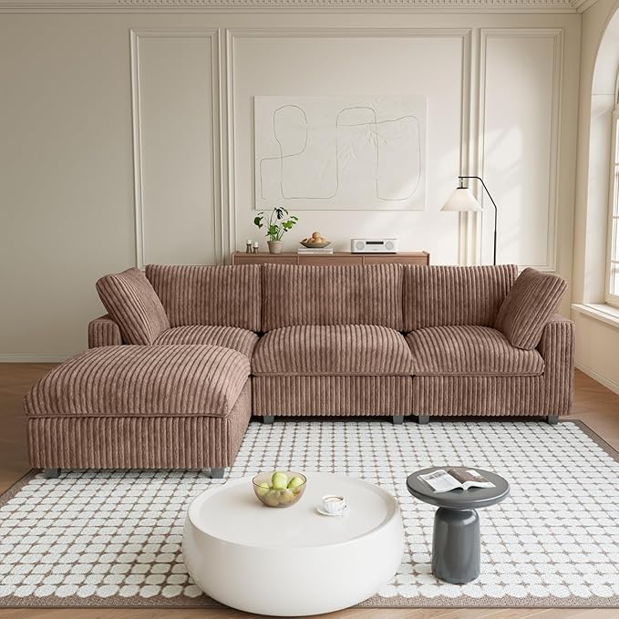 Modular Sectional Sofa, L Shaped Sofa with Chaise Ottoman, Deep Seat Cloud Sectional Couch, Couch Cushion Covers Removable, Comfy Modular Sofas for Living Room, Office, Apartment, Brown