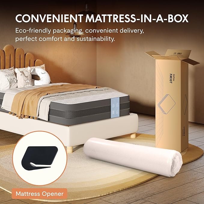 FLEXISPOT 10'' Twin Size Bamboo Mattress,Cooling Gel Memory Foam, Medium Firm, 10-Year Warranty, Bed-in-A-Box, Certi-PUR & Oeko-TEX Certified, Washable, Fire-Resistant.