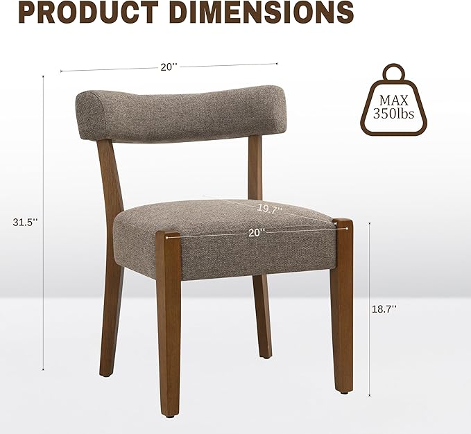 Modern Dining Chairs Set of 6, Walnut Upholstered Kitchen & Dining Room Chairs, Mid Century Wooden Dining Chairs Oversized Sturdy Fabric Rounded Chairs Curved Back, Tan Brown