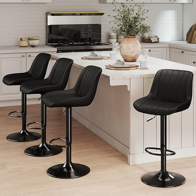 Youhauchair Bar Stools Set of 4, Swivel Counter Height Barstools with Back, Adjustable PU Leather Bar Chairs, Modern Armless Kitchen Island Stool, Black