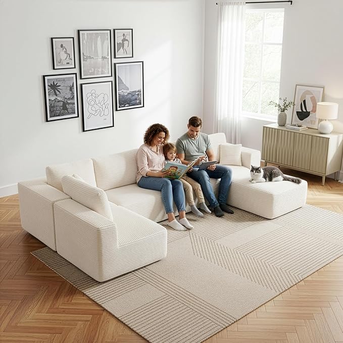 Modular Sectional Cloud Couch for Living Room,Modern Boneless Couche Set with Plush Corduroy,Comfy Floor Sofa with Memory Foam,Stupendous U Shaped Sofa with Ottoman,No Assembly Required,Beige