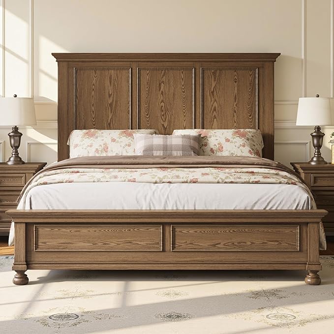 AMERLIFE Solid Wood King Bed Frame with 65.2" High Headboard, Traditional Platform Bed with Heavy Duty Slats, No Box Spring Needed, Easy Assembly, Light Brown