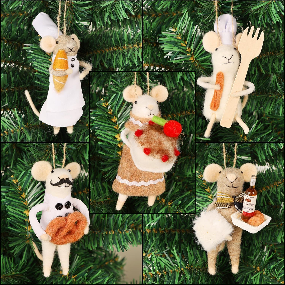 Set of 5 Christmas Felt Mice Ornaments, 4.7" Mini Hanging Wool Chef Mouse Figurines, Tiered Tray Tabletop Decor, Animal Crafts Cute Xmas Tree Festival Holiday Easter Gifts Home Office Party Supply