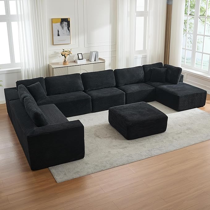 Modular Sectional Cloud Couch for Living Room,Modern Boneless Couche Set with Plush Corduroy,Comfy Floor Sofa with Memory Foam,Stupendous U Shaped Sofa with Ottoman,No Assembly Required,Black