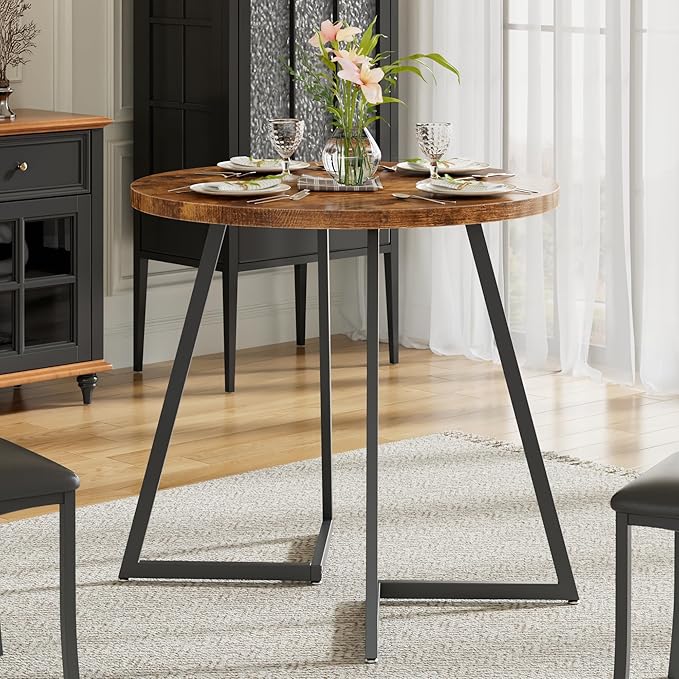 VECELO 35" Round Dining Table for 4, Wood-Grain Tabletop & Heavy-Duty Steel Frame, for Kitchen, Living Room, Easy Assembly, Antique Brown
