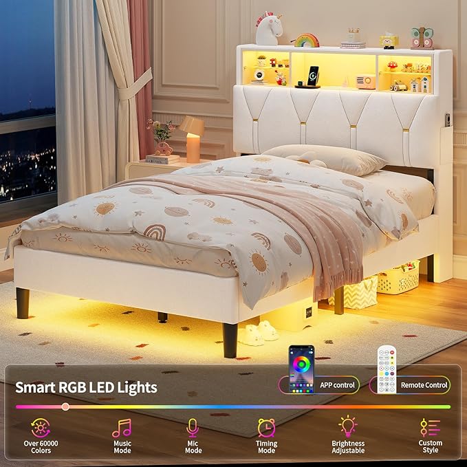 Twin Bed Frames with Storage Headboard, Power Outlet, Velvet Upholstered Platform Bed for Kids, LED Bed Frame Twin with 5 Storage Shelves, No Box Spring Needed, Creamy White